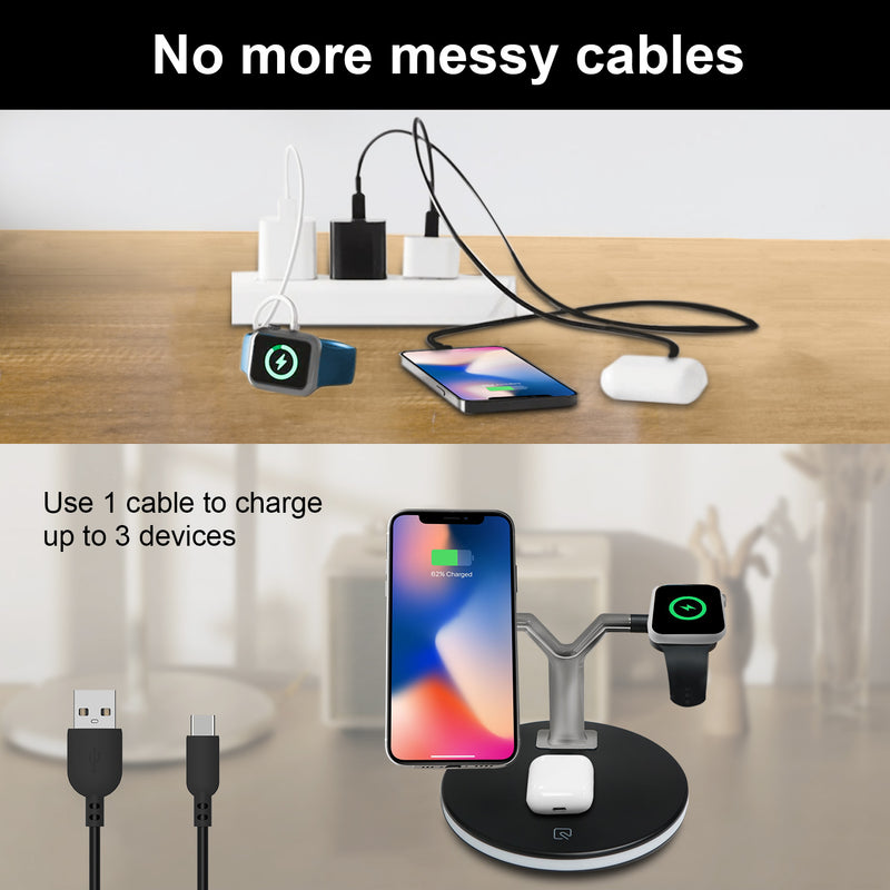 3-In-1 Wireless Charger Stand - LED Light, For Apple Devices