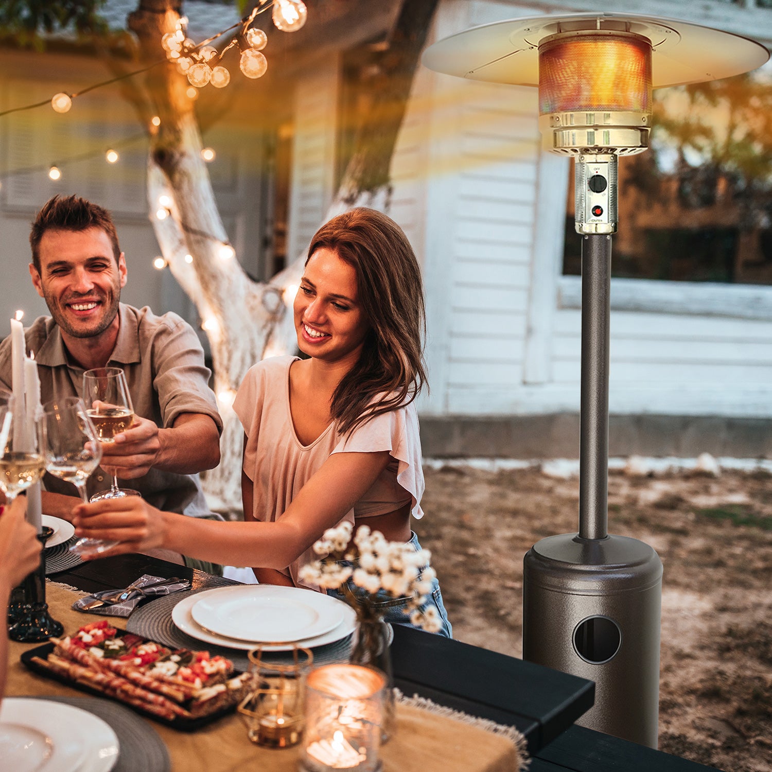 people enjoying drinks sitting beside the patio electric heater