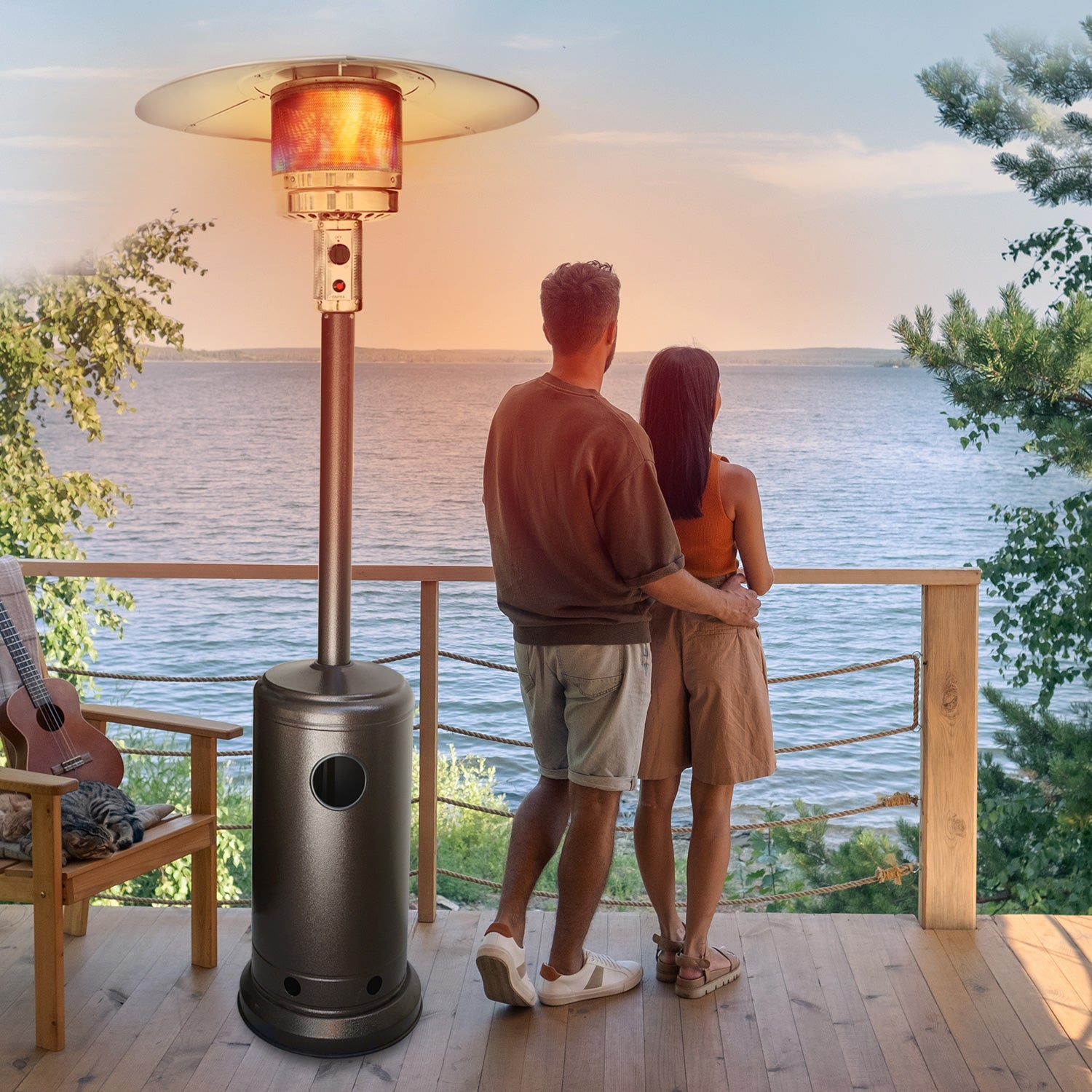 Couple standing outdoor beside primetek propane heater