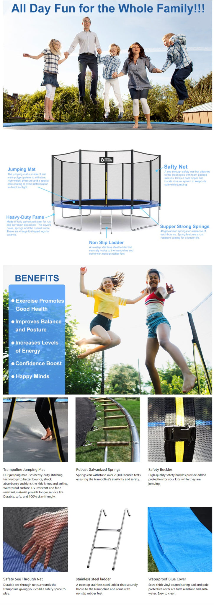 Galvanized Steel Frame Outdoor Trampoline Features